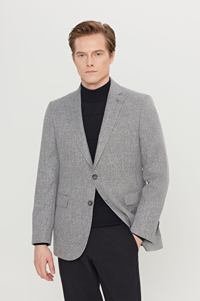 ALTINYILDIZ CLASSICS Men's Gray Slim Fit Slim Fit Mono Collar Dobby Blazer Jacket with Flap Pockets