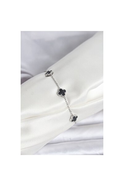 Clariss سوار من الفولاذ 316L باللون الفضي والأسود على شكل ورقة البرسيم للأطفال