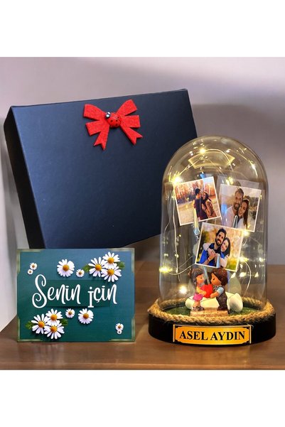 MEGA KANYON Kişiye Özel İsimli ve 3 Fotoğraflı Led Işıklı Fanus, Siyah Hediye Kutusunda (Model 10)