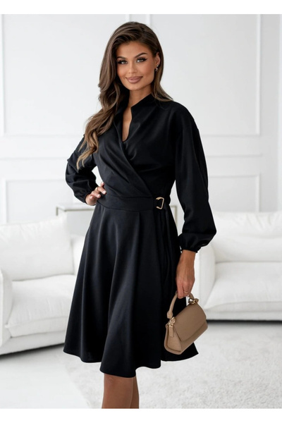 nedo7 Women's Long Sleeve Judge V-Neck Side Buckle Detailed Imported Mini Crepe Dress