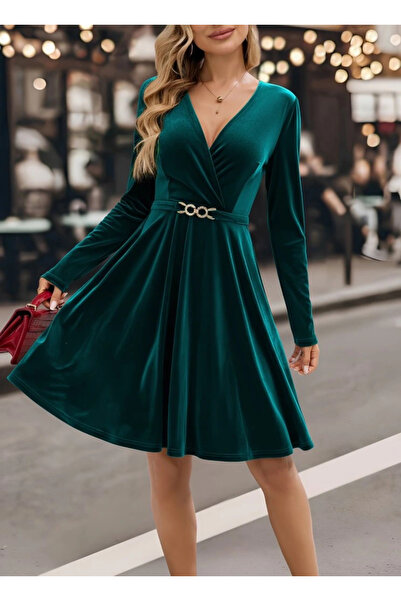 nedo7 Women's Long Sleeve Double-Breasted Collar Buckle Detailed Mini Velvet Dress