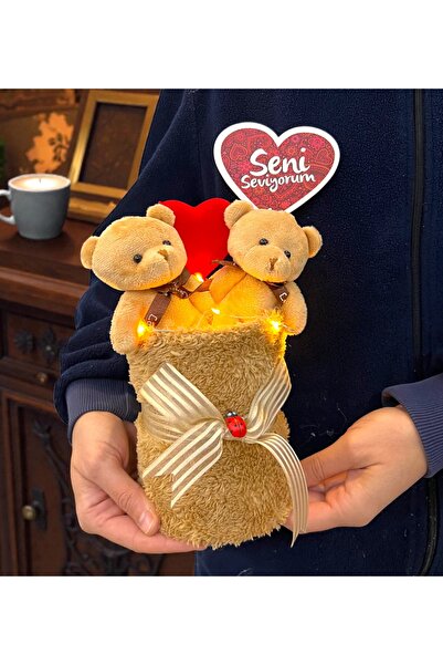 MEGA KANYON Seni Seviyorum Premium 2'li Peluş Kahve Ayıcık Buketi Peluş Saksı...