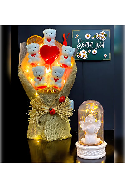 hediye arıları Yılbaşı Hediyesi Pembe Ayıcık Buketi ve Renkli Led Işıklı Kard...