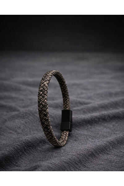 Beksy Accessory Erkek Gri ve Siyah 2 Renk Seçenekli Örgü Deri Bileklik Manyet...