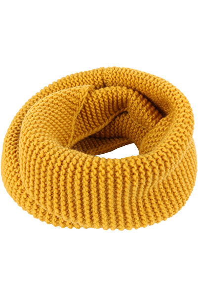 JOLAR. Unisex circular scarf, knitted in polyester, minimalist unitone pattern, for the cold season Yellow