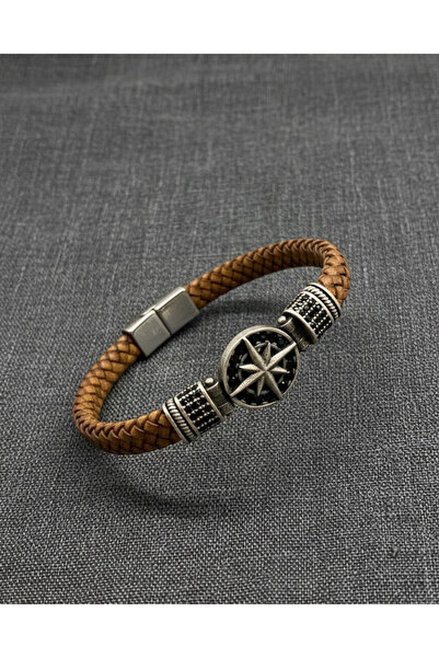 Beksy Accessory Erkek Deri Bileklik Pusula Figürlü Örgü Kahverengi Şık Bileklik