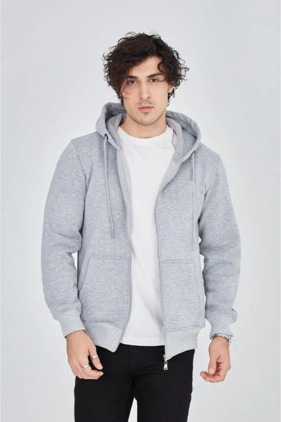 soonaksesuar Men's Hooded Plain Zippered Cardigan - Gray