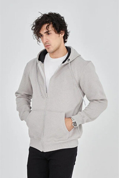 DRESSIFY WOMEN’S FASHION Men's Hooded Plain Zippered Cardigan - Dyed Gray