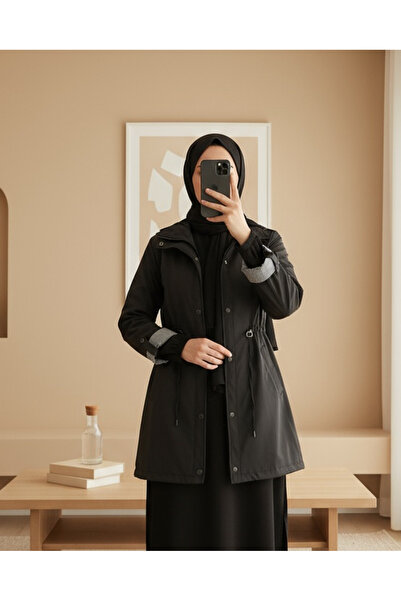 Modamorfo 10322 Gathered Waist Trench Coat - Black