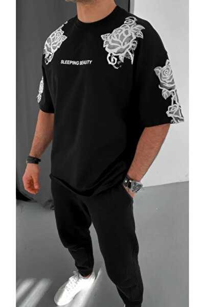 Giyimodam Unisex Flocking Embossed Printed T-Shirt - Black