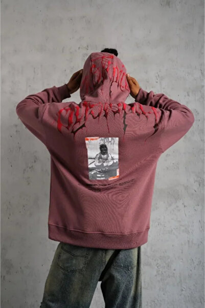 Giyimodam Men's front and back Printed Hooded 3 thread sweatshirt - dusty rose
