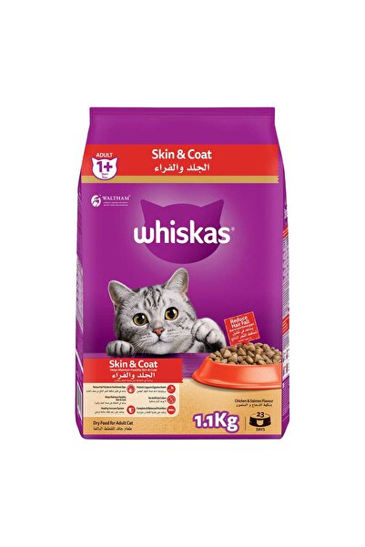 Whiskas Skin & Coat Dry Cat Food Bag 1.1 kg for Adult Cats, Healthy Skin & Shiny Fur
