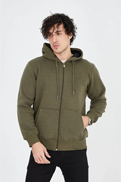JANES Men's Hooded Plain Zippered Cardigan - Green
