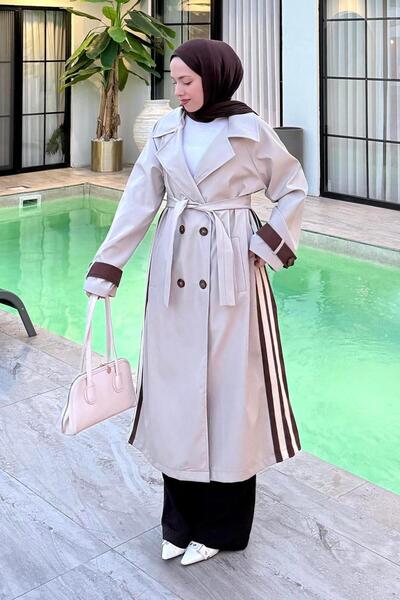 lamelif معطف طويل بتفاصيل شريطية وحزام بلون بني شوكولاتة