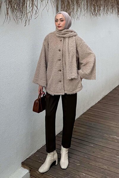 lamelif Beard Fabric Scarf Coat in Mink Color
