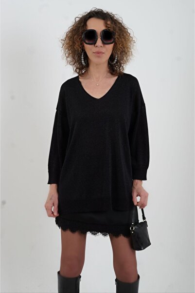 Zelish My Sister Siyah Simli V Yaka Truvakar Kol Triko Kazak