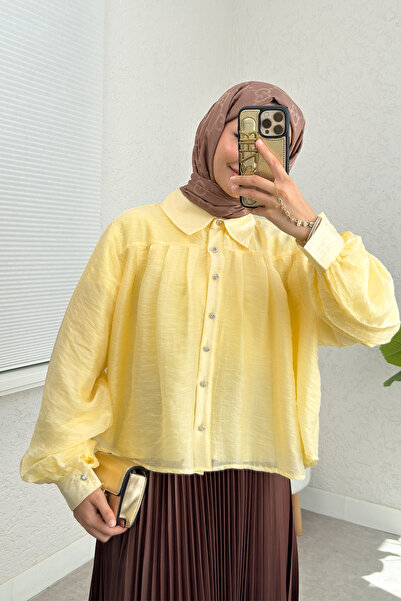Salih Çelebi Pleated Detailed Oversized Shirt 2391 - Yellow