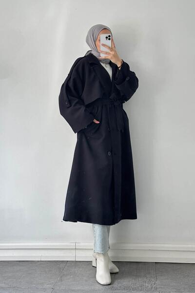 lamelif Trench Coat with Tie Detail Navy Blue