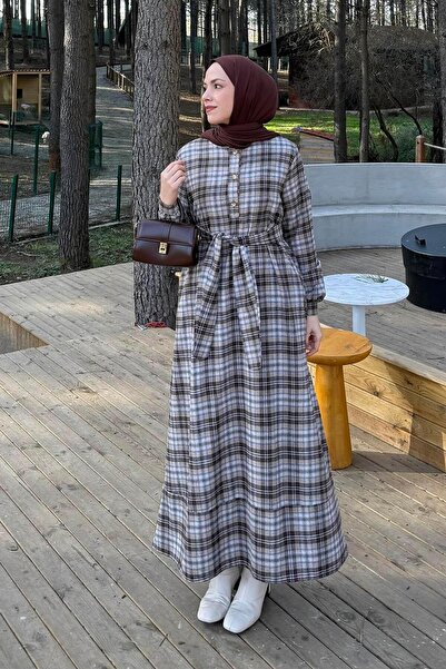 lamelif Plaid Pattern Dress Chocolate Brown