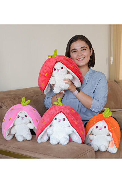 Pababo 50 cm Çilek Tavşan Fermuarlı Peluş Oyuncak – Sürpriz Tasarımlı Yumuşak...