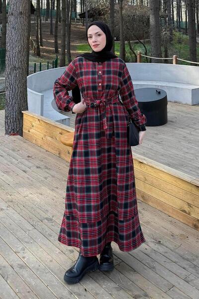 lamelif Plaid Pattern Dress Burgundy