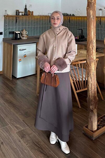 lamelif Sleeve Fur Detailed Coat Milk Coffee