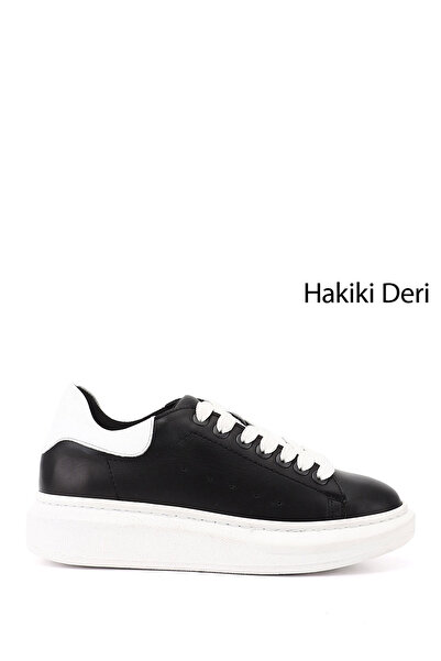 GÖNDERİ(R) Women's Black and White Lace-Up Wedge Sole Genuine Leather Sneaker