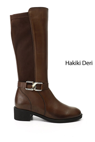 GÖNDERİ(R) Women's Brown Zippered Thick Heeled Genuine Leather Boots