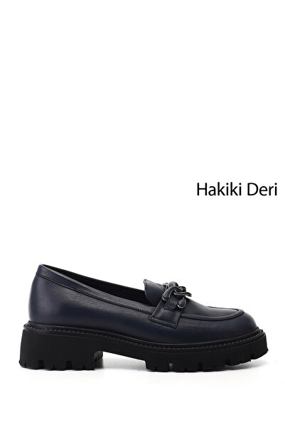 GÖNDERİ(R) Women's Navy Blue Thick Heeled Buckle Genuine Leather Loafer Shoes