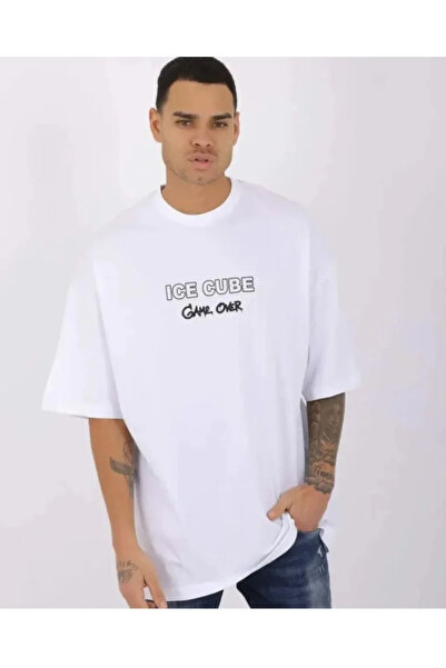 JANES Tricou alb unisex cu imprimeu oversize cu guler rotund