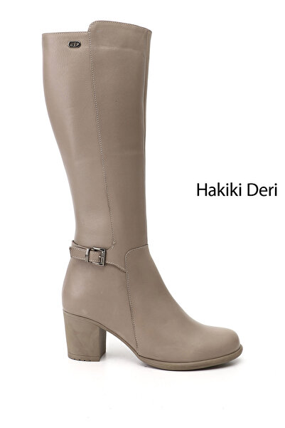 GÖNDERİ(R) Women's Beige Zippered Thick Heeled Genuine Leather Boots