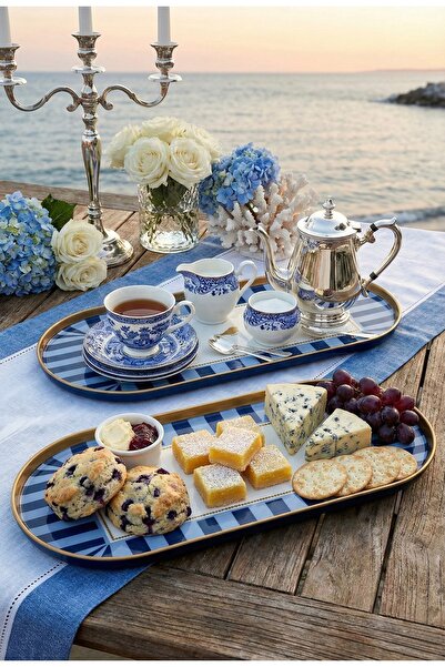 Yavuzhan Metal Gold Çerçeveli 2’li Mavi Desenli Dekorarif Oval Tepsi (13x30)