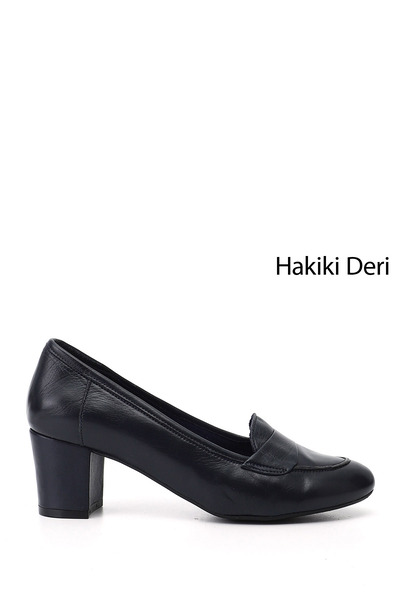GÖNDERİ(R) Women's Navy Blue Thick Heeled Genuine Leather Shoes