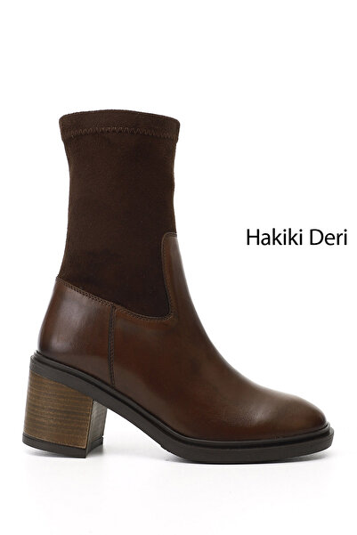 GÖNDERİ(R) Women's Brown Zippered Thick Heeled Genuine Leather Stretch Boots