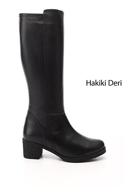 GÖNDERİ(R) Women's Black Zippered Thick Heeled Genuine Leather Boots