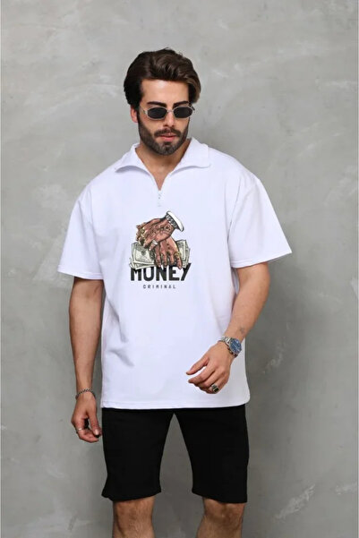 soonaksesuar Unisex Half Zipper Oversize Printed T-Shirt - White