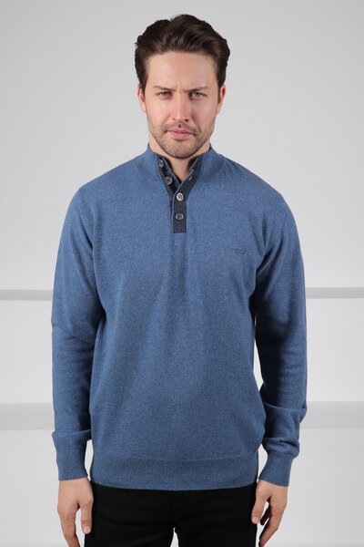 Ferraro Мъжки плетен пуловер от 100% агнешка вълна с индиго копчета и полуриб...