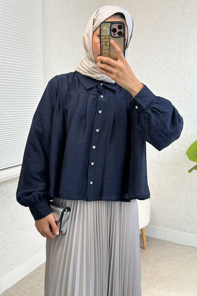 Salih Çelebi Pleated Detailed Oversized Shirt 2391 - Dark Blue