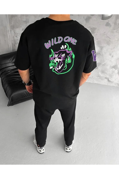 JANES Unisex Crew Neck Printed Oversize T-Shirt - Black