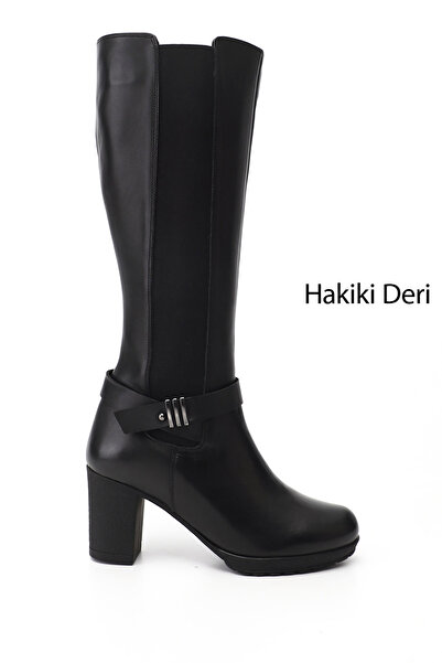 GÖNDERİ(R) Women's Black Zippered Thick Heeled Genuine Leather Boots