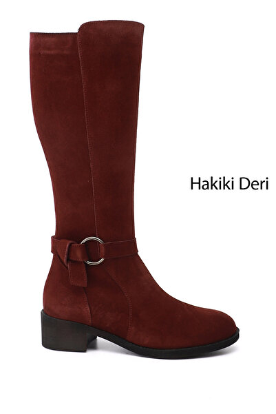 GÖNDERİ(R) Women's Burgundy Suede Zippered Thick Heeled Genuine Leather Boots