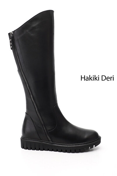 GÖNDERİ(R) Kadın Siyah Çift Fermuarlı Hakiki Deri Çizme