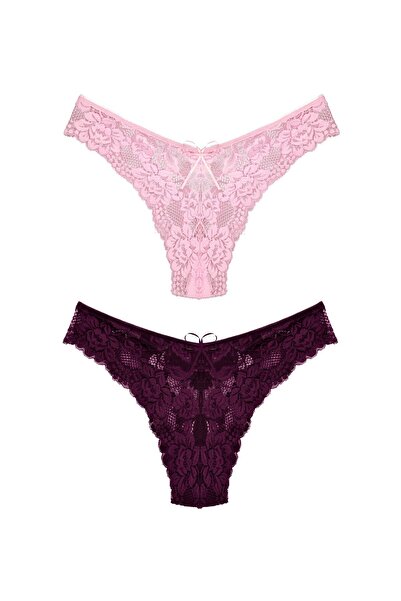 Zena Γυναικεία εσώρουχα 2 συσκευασιών δαντέλα ψηλόμεση Brazilian Thong