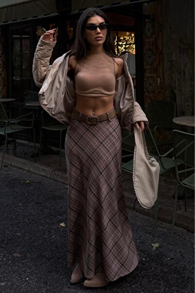 Madmext Mink Plaid Patterned Pocketed Belted Long Women's Skirt Mg2636