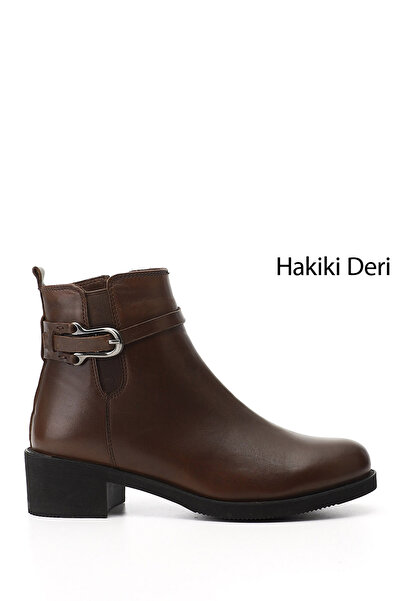 GÖNDERİ(R) Дамски кафяви антични боти от естествена кожа с цип и дебел ток