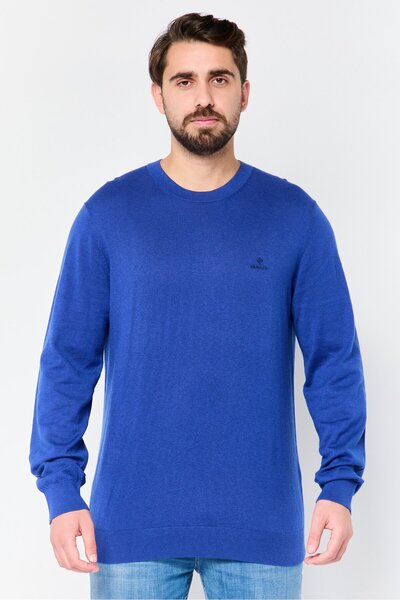Gant Men Crew Neck Embroidered Logo Long Sleeve Sweater, Royal Blue