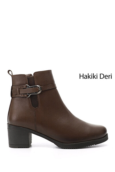 GÖNDERİ(R) Women's Coffee Floater Zippered Thick Heeled Genuine Leather Boots