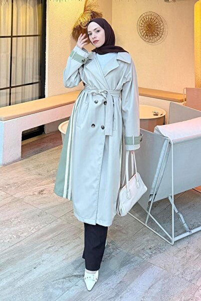 lamelif Striped Detail Belted Trench Coat Green