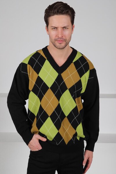 Ferraro Black/Green V-Neck Colorful Argyle Pattern 100% Lamb Wool Men's Knitwear Sweater