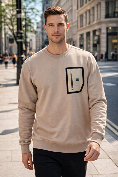 REMSA Detaliu cu fermoar pentru bărbați guler rotund Bumbac Swea tricou 24722 Bej